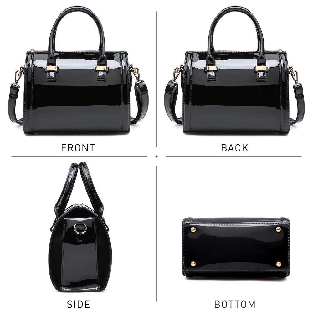 Shiny Patent Faux Leather Handbags Barrel Top Handle Purse Satchel Bag Shoulder - Picture 4 of 7